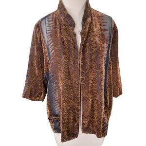 brown and black patterned sheer kimono jacket with three-quarter sleeves